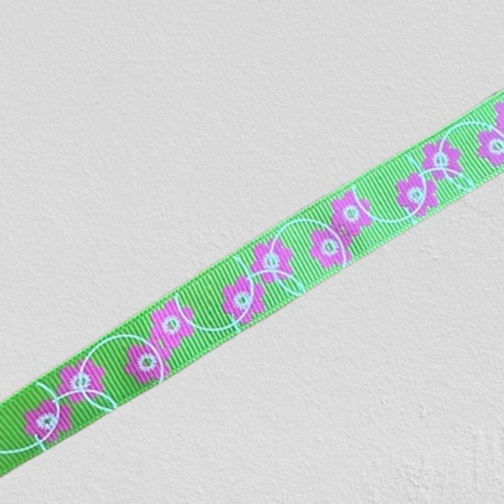 Green Grosgrain Ribbon with Pink Flowers and White Swirls   58R8205